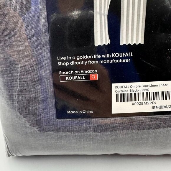 KOUFALL Faux Linen Sheer Curtains Black 52x96" Floor Length Rod Pocket New - Picture 2 of 5